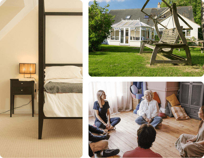 A collage shows a cozy bedroom with a lamp and bed, a wooden swing in a green yard outside a house, and a small group of people talking in a circle indoors at the Trauma Clinic.
