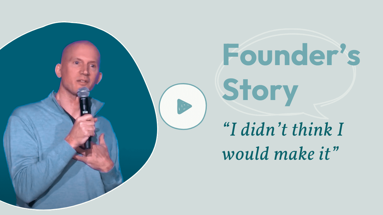 A man holding a microphone speaks, with text beside him reading “Founder’s Story,” “I didn’t think I would make it,” and “What is Trauma.” A play button icon appears between the man and the text.