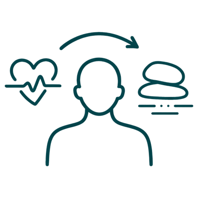 Line drawing of a person with a heart and heartbeat symbol on the left and two stacked stones on the right, connected by a curved arrow, illustrating wellbeing or balance when exploring what is trauma.
