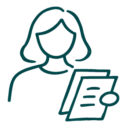 Simple line drawing of a person with shoulder-length hair holding two sheets of paper with lines representing text, exploring the question "What is Trauma." The face has no features.