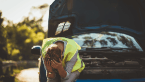 burnout, trauma and workplace stress image of woman with a car breakdown