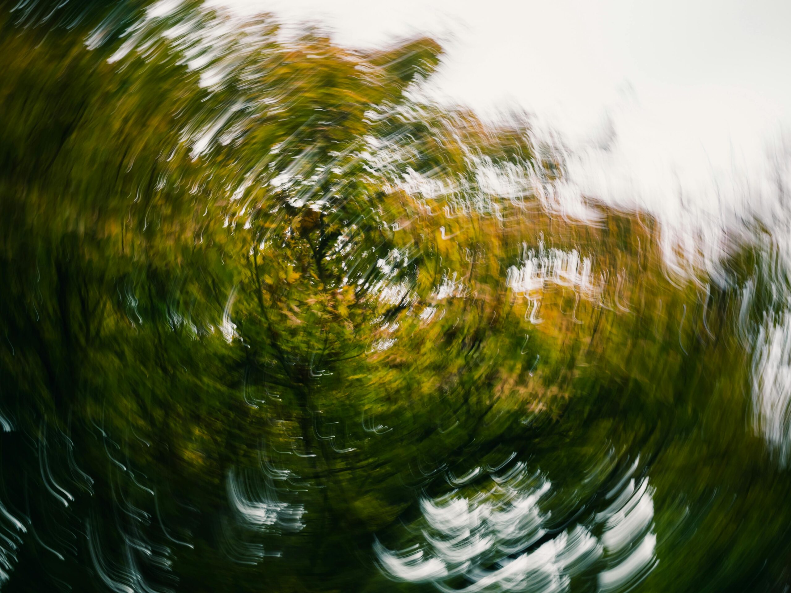 Swirling blur of green and yellow tree branches against a bright sky, evoking dizziness and a sense of spinning motion whilst suggesting the mind-body connection through abstract patterns. Depicting Anxiety and Dizziness: Understanding the Mind-Body Connection